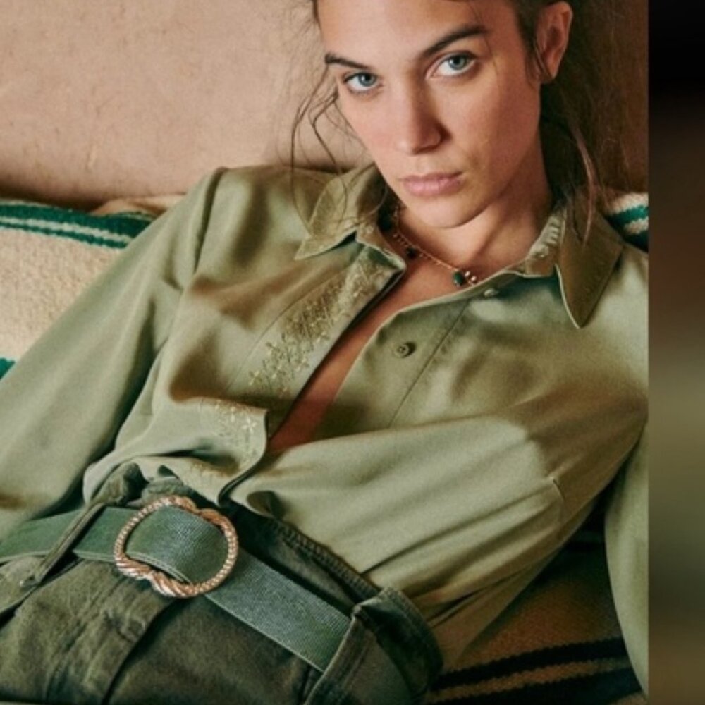 Sezane Olive Green Satin Button-Up Blouse